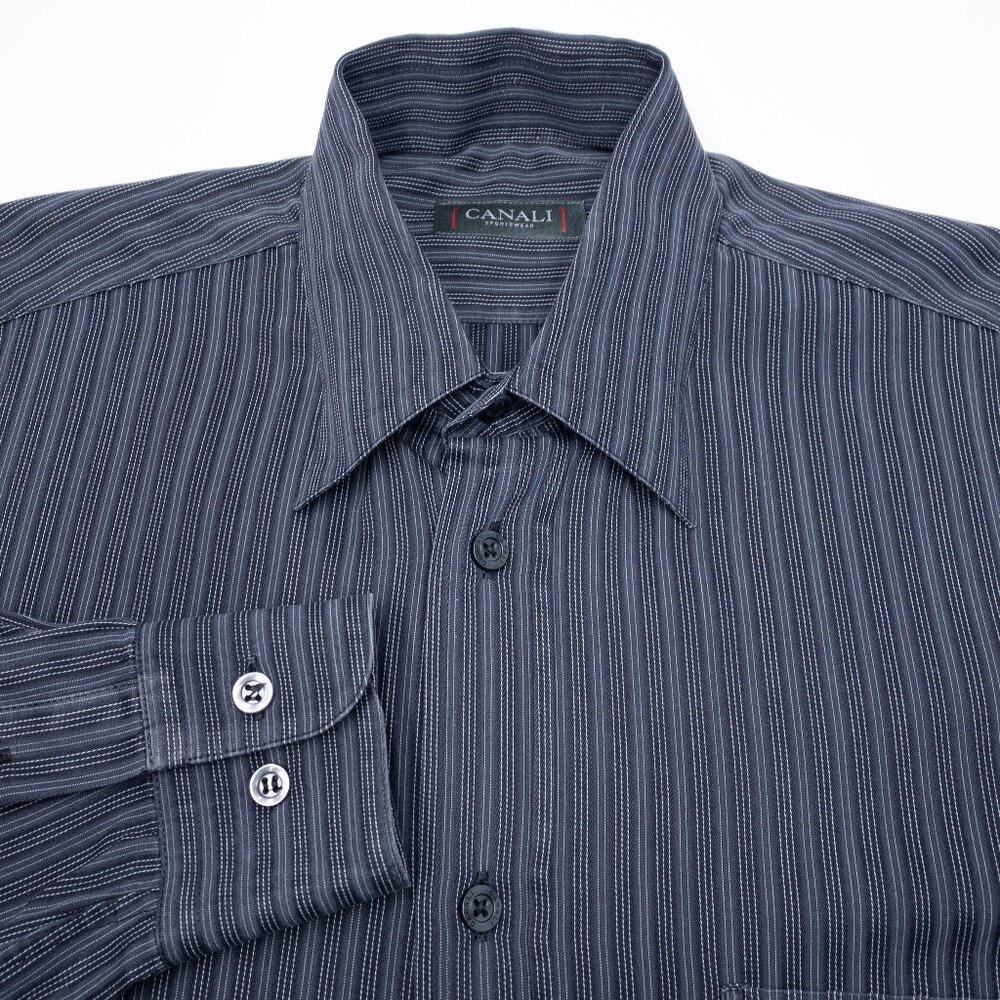Canali Sportswear Striped Shirt Men's Small Long Sleeve Button-Down Italy Black